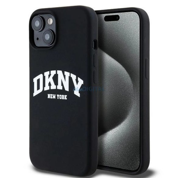 DKNY Liquid Silicone White Printed Logo MagSafe kompatibilis tok iPhone 15 Plus / 14 Plus - fekete