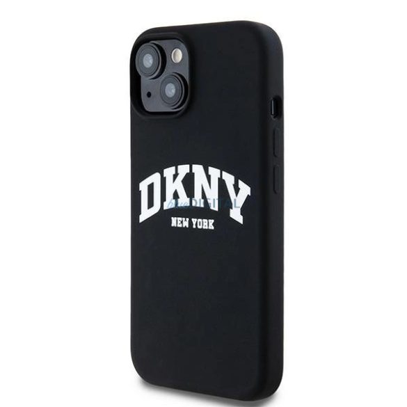 DKNY Liquid Silicone White Printed Logo MagSafe kompatibilis tok iPhone 15 Plus / 14 Plus - fekete