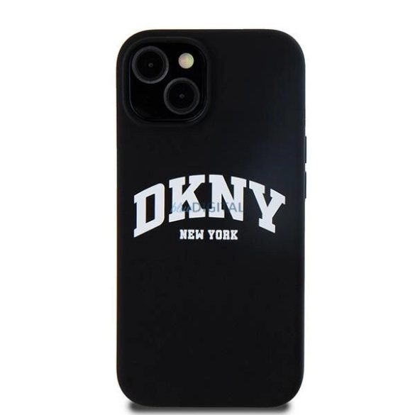 DKNY Liquid Silicone White Printed Logo MagSafe kompatibilis tok iPhone 15 Plus / 14 Plus - fekete