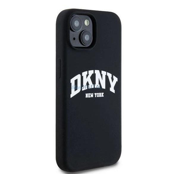 DKNY Liquid Silicone White Printed Logo MagSafe kompatibilis tok iPhone 15 Plus / 14 Plus - fekete