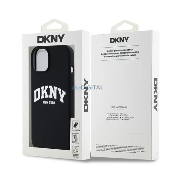 DKNY Liquid Silicone White Printed Logo MagSafe kompatibilis tok iPhone 15 Plus / 14 Plus - fekete