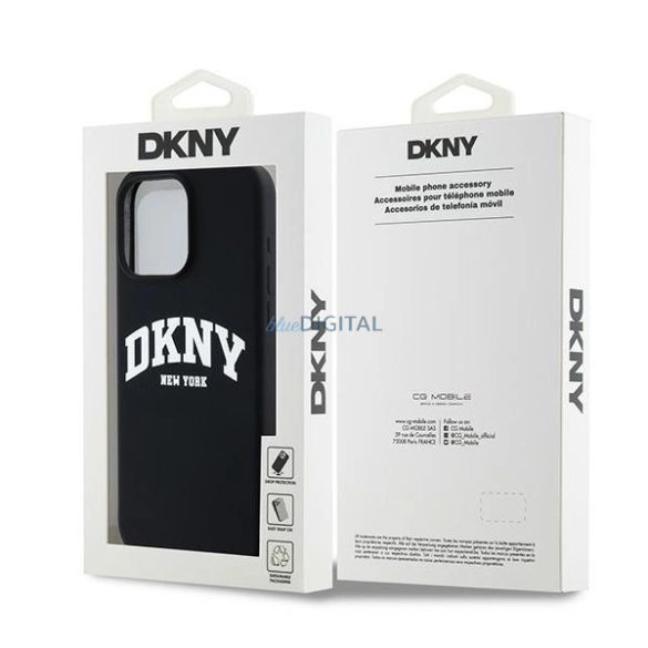 DKNY Liquid Silicone White Printed Logo MagSafe kompatibilis tok iPhone 15 Pro Max - Fekete