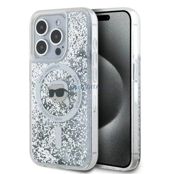 Karl Lagerfeld Liquid Glitter Karl Head MagSafe-kompatibilis tok iPhone 15 Pro - átlátszó