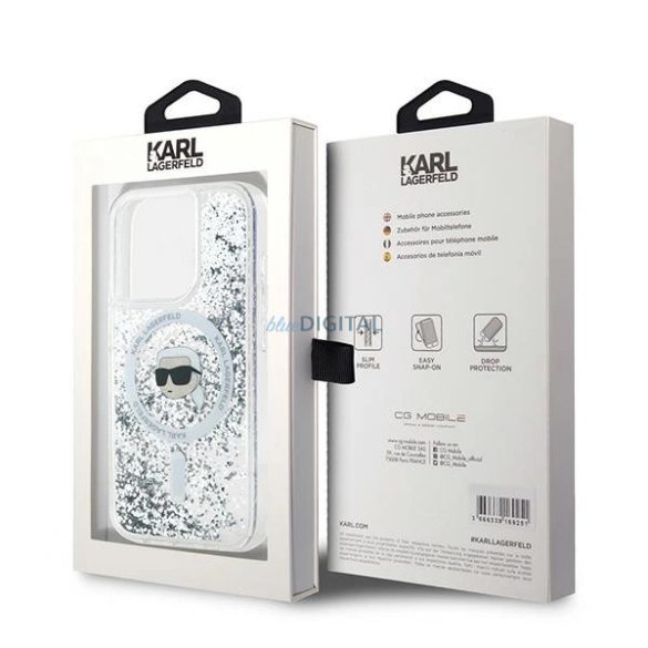 Karl Lagerfeld Liquid Glitter Karl Head MagSafe-kompatibilis tok iPhone 15 Pro - átlátszó