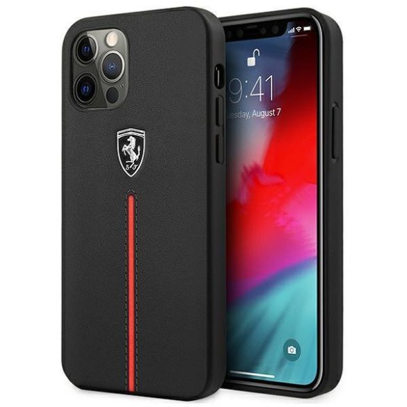 Ferrari FEOMSHCP12LBK iPhone 12 Pro Max fekete kemény tok Off Track Leather Nylon Stripe