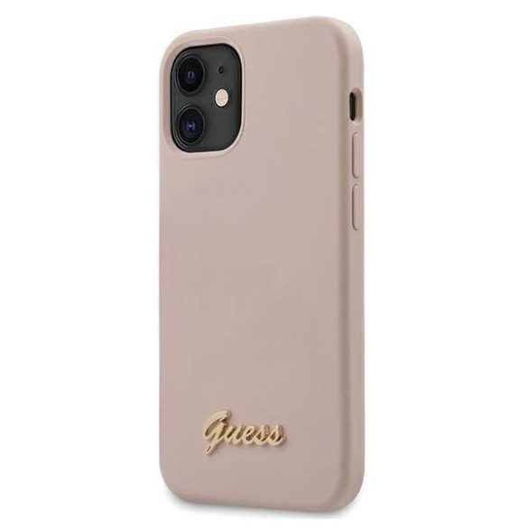 Guess GUHCP12SLSLMGLP 12 mini iPhone 5.4 világos rózsaszín / halvány rózsaszín kemény tok Szilikon Arany Script Logo telefontok