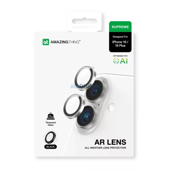 AmazingThing AR Aluminum kamera lencse védő edzett üveg fekete szegéllyel iPhone 16/16 Plus