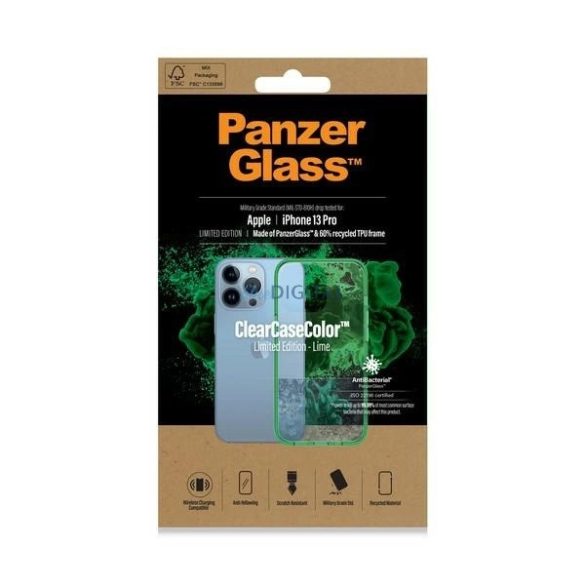 PanzerGlass ClearCase Military Grade Antibacterial tok iPhone 13 Pro - átlátszó-zöld