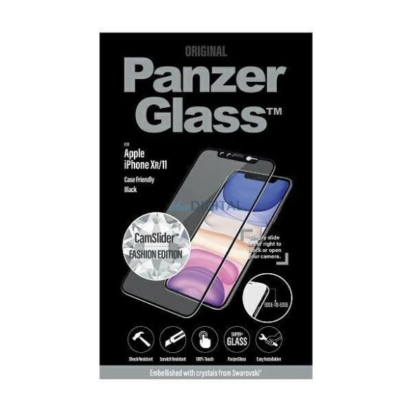 PanzerGlass E2E Super+ edzett üveg fekete szegéllyel és Swarowsky front kamera takaróval iPhone XR / iPhone 11