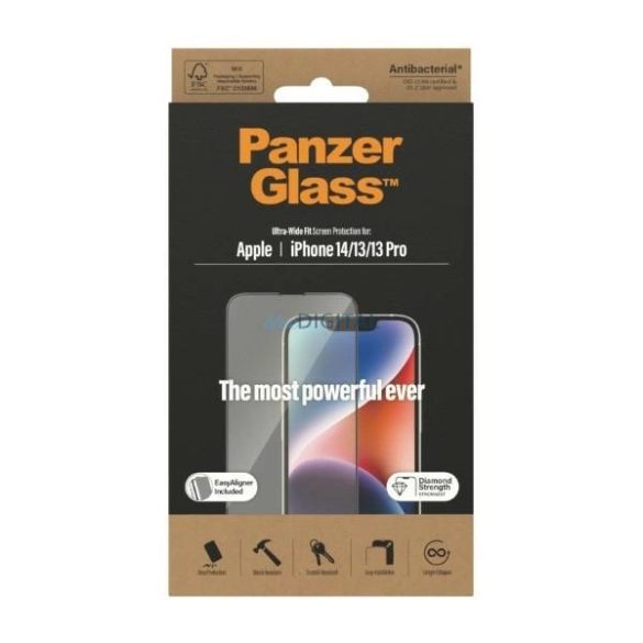 PanzerGlass Ultra-Wide Fit Antibacterial edzett üveg felhelyezést segítő kerettel iPhone 14 / iPhone 13 Pro / iPhone 13