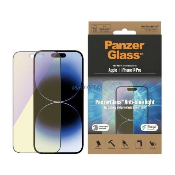 PanzerGlass Ultra-Wide Fit kékfény szűrős edzett üveg felhelyezést segítő kerettel iPhone 14 Pro