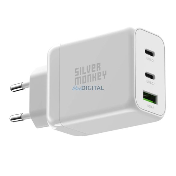 Silver Monkey hálózati töltő 1x USB-A és 2x USB-C csatlakozással PD QC 3.0 GaN 65W - fehér