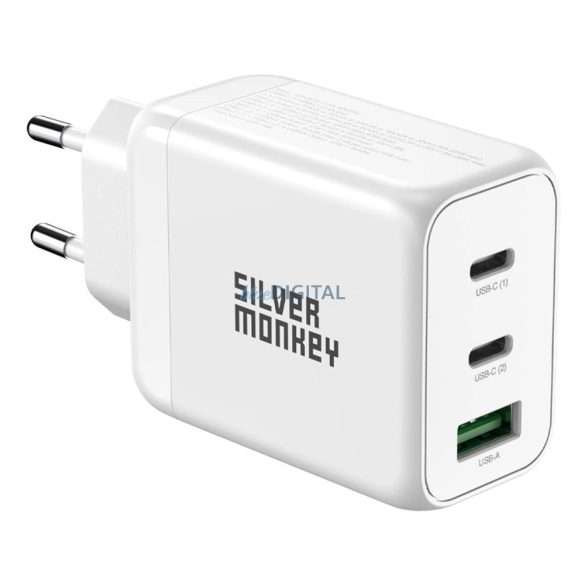 Silver Monkey hálózati töltő 1x USB-A és 2x USB-C csatlakozással PD QC 3.0 GaN 65W - fehér