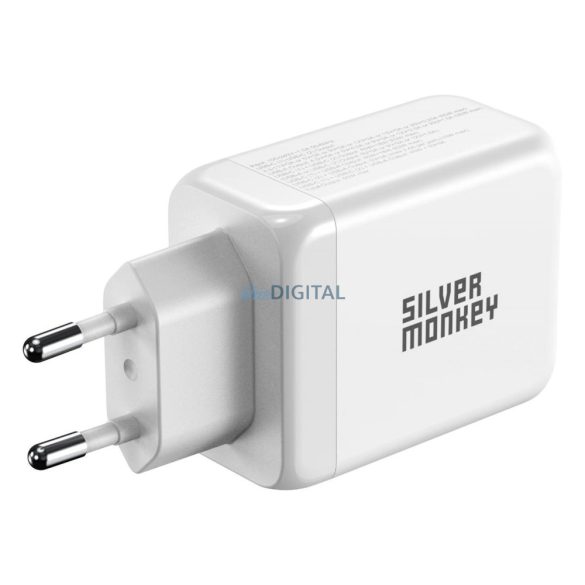 Silver Monkey hálózati töltő 1x USB-A és 2x USB-C csatlakozással PD QC 3.0 GaN 65W - fehér