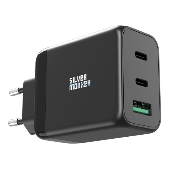 Silver Monkey hálózati töltő 1x USB-A és 2x USB-C csatlakozással PD QC 3.0 GaN 65W - fekete