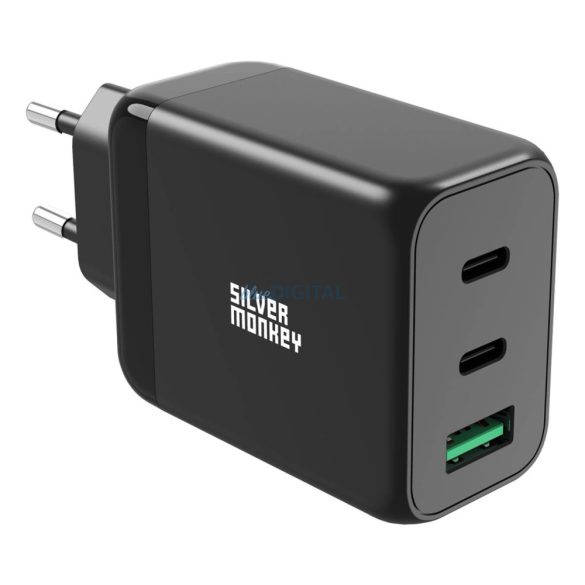 Silver Monkey hálózati töltő 1x USB-A és 2x USB-C csatlakozással PD QC 3.0 GaN 65W - fekete