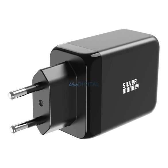 Silver Monkey hálózati töltő 1x USB-A és 2x USB-C csatlakozással PD QC 3.0 GaN 65W - fekete