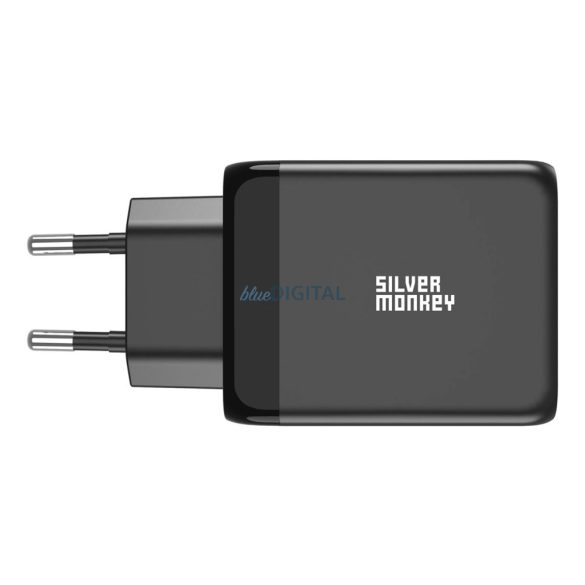 Silver Monkey hálózati töltő 1x USB-A és 2x USB-C csatlakozással PD QC 3.0 GaN 65W - fekete