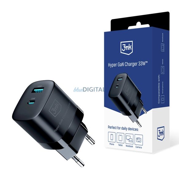 3mk Hyper Charger hálózati töltő 1USB-A és 1xUSB-C csatlakozással GaN 3A 33W - fekete