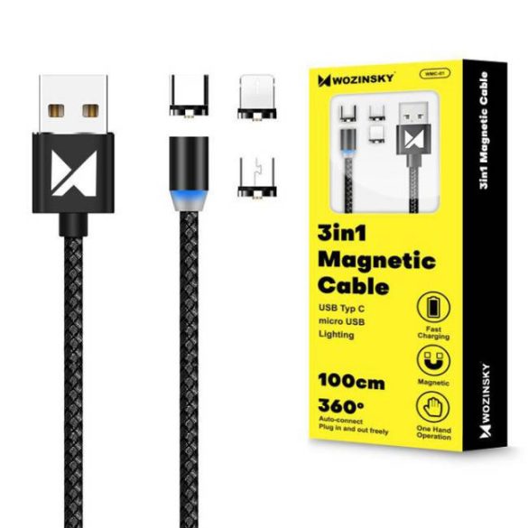 Wozinsky Mágneses kábel USB / micro USB / USB type-c / Lightning 1m LED-es fekete (WMC-01)