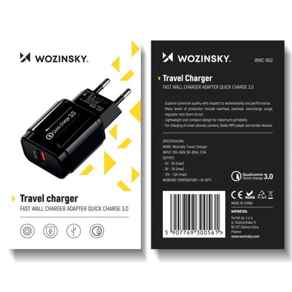 Wozinsky hálózati töltő 1xUSB-A csatlakozóval 3A fekete