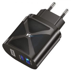 Wozinsky WWCGM1 hálózati töltő 1xUSB-A és 1xUSB-C csatlakozóval 65W GaN fekete