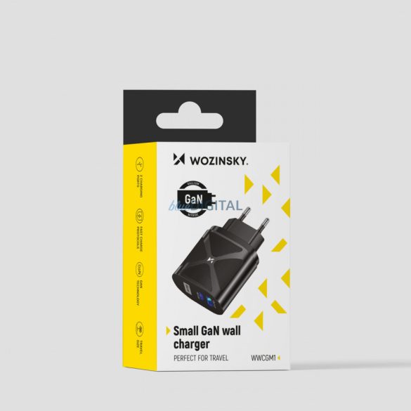 Wozinsky WWCGM1 hálózati töltő 1xUSB-A és 1xUSB-C csatlakozóval 65W GaN fekete