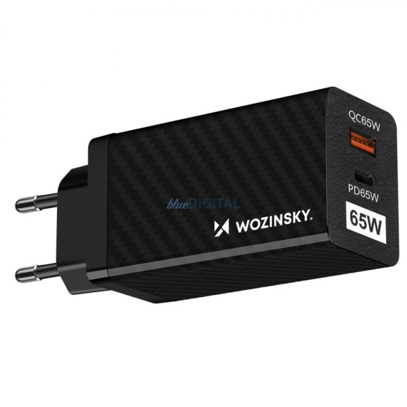 Wozinsky WWCG01 hálózati töltő 1xUSB-A és 1xUSB-C csatlakozóval 65W GaN fekete