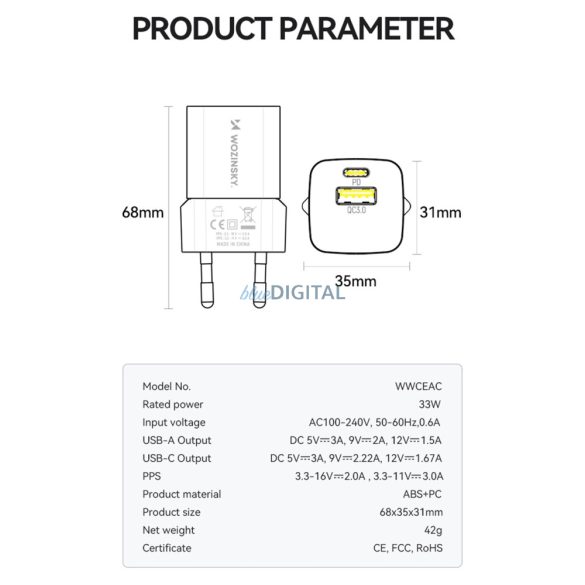 Wozinsky WWCEAC hálózati töltő 1xUSB-A és 1xUSB-C csatlakozásasl GaN 33W - fehér