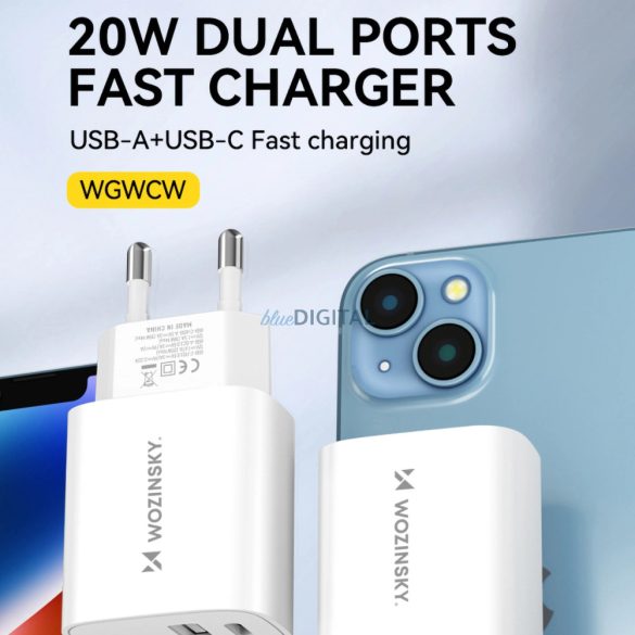 Wozinsky WGWCW hálózati töltő 1xUSB-A és 1xUSB-C csatlakozással 20W - fehér