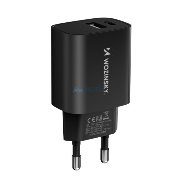 Wozinsky WGWCB hálózati töltő 1xUSB-A és 1xUSB-C csatlakozással 20W - fekete