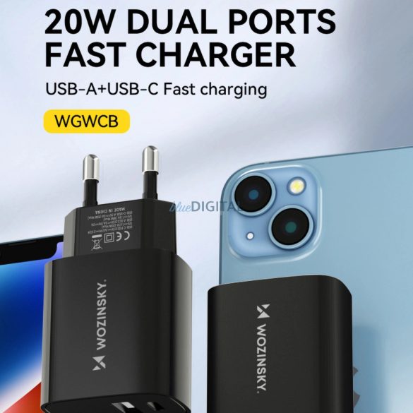 Wozinsky WGWCB hálózati töltő 1xUSB-A és 1xUSB-C csatlakozással 20W - fekete