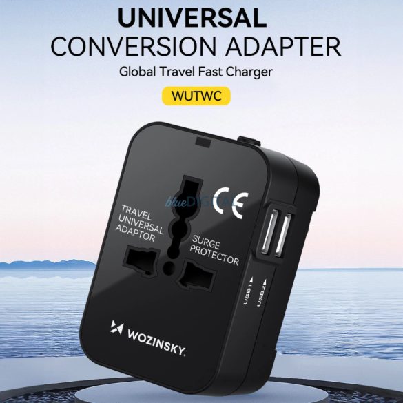 Wozinsky WUTWC univerzális utazó adapter EU / US / AUS / UK / 2x USB-A - fekete