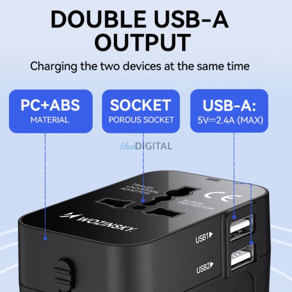 Wozinsky WUTWC univerzális utazó adapter EU / US / AUS / UK / 2x USB-A - fekete