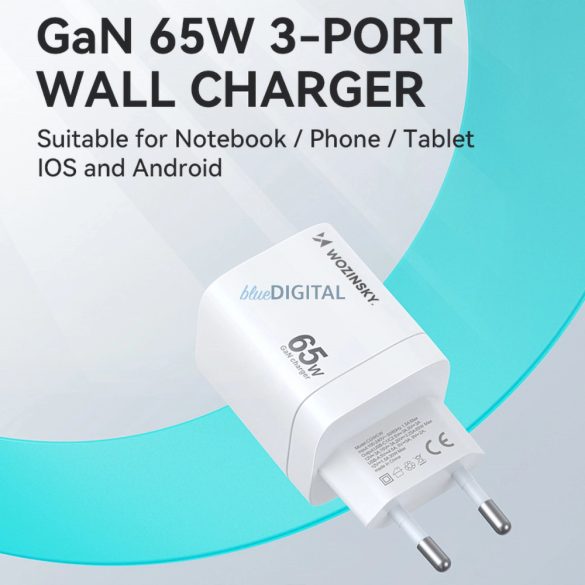 Wozinsky CGWCW hálózati töltő 1xUSB-A és 2xUSB-C csatlakozással 65W GaN - fehér