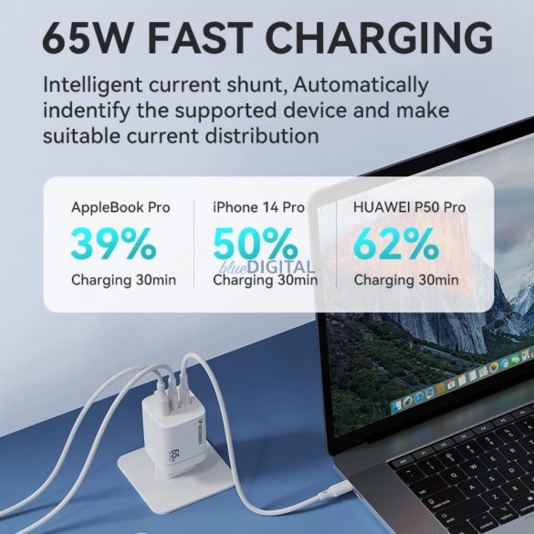 Wozinsky CGWCW hálózati töltő 1xUSB-A és 2xUSB-C csatlakozással 65W GaN - fehér