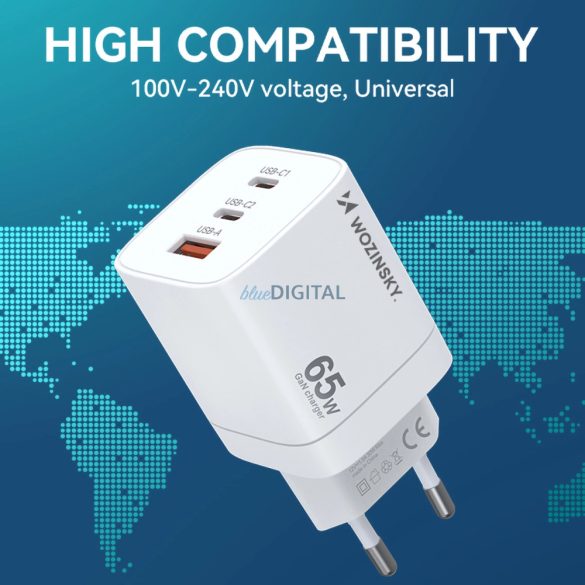 Wozinsky CGWCW hálózati töltő 1xUSB-A és 2xUSB-C csatlakozással 65W GaN - fehér