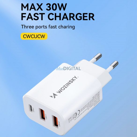 Wozinsky CWCUCW hálózati töltő 2xUSB-A és 1xUSB-C csatlakozással 30W - fehér