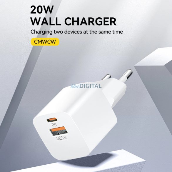 Wozinsky CMWCW hálózati töltő 1xUSB-A és 1xUSB-C csatakozással 20W - fehér