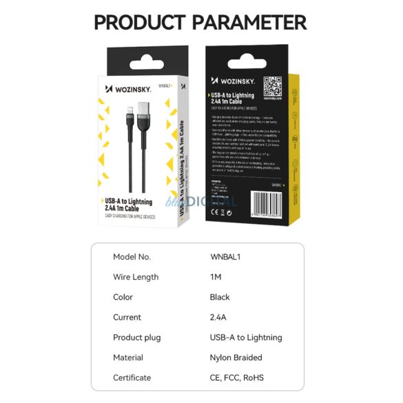 Wozinsky WNBAL1 USB-A - Lightning kábel 2.4A 1m - fekete