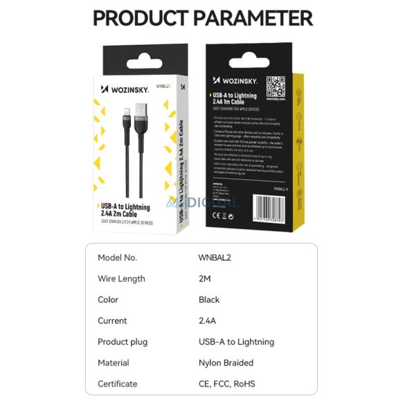 Wozinsky WNBAL2 USB-A - Lightning kábel 2.4A 2m - fekete