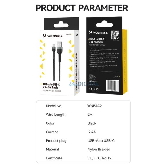 Wozinsky WNBAC1 USB-A - Type-C kábel 2.4A 1m - fekete