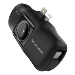   Wozinsky WF16-YLS mini powerbank 5000mAh 15W Lightning csatlakozóval, beépített Type-C kábellel + vezeték nélküli Apple Watch töltés - fekete