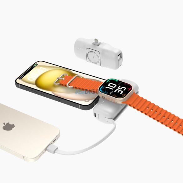 Wozinsky WF16-YLS mini powerbank 5000mAh 15W Lightning csatlakozóval, beépített Type-C kábellel + vezeték nélküli Apple Watch töltés - fehér