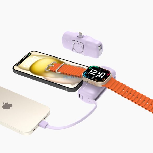 Wozinsky WF16-YLS mini powerbank 5000mAh 15W Lightning csatlakozóval, beépített Type-C kábellel + vezeték nélküli Apple Watch töltés - lila