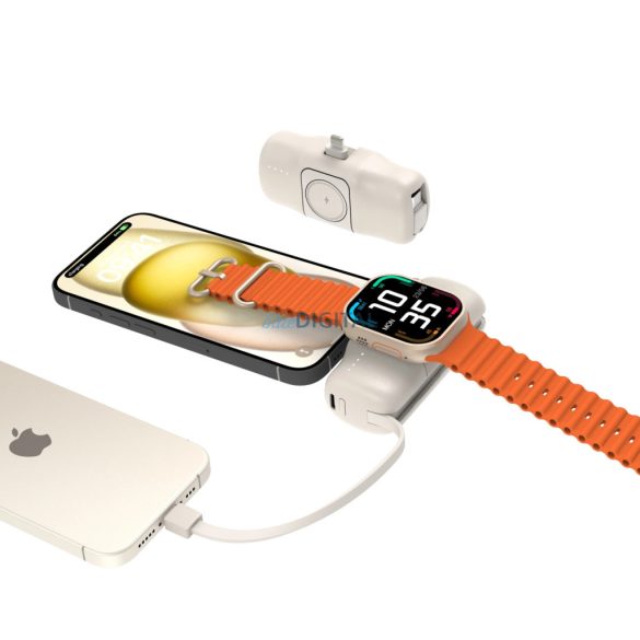 Wozinsky WF16-YLS mini powerbank 5000mAh 15W Lightning csatlakozóval, beépített Type-C kábellel + vezeték nélküli Apple Watch töltés - bézs