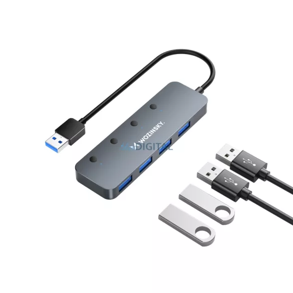 USB-A hub Wozinsky WHS080YSS 4 x USB-A 3.0 egyedi kapcsolókkal, alumínium, 30 cm-es kábellel - szürke