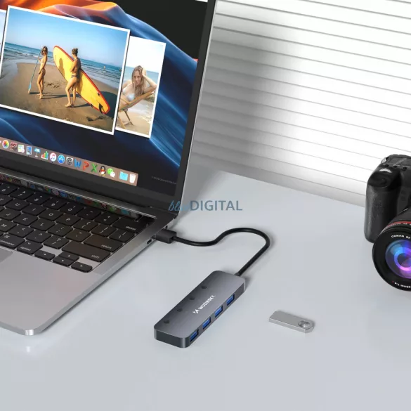 USB-A hub Wozinsky WHS080YSS 4 x USB-A 3.0 egyedi kapcsolókkal, alumínium, 30 cm-es kábellel - szürke