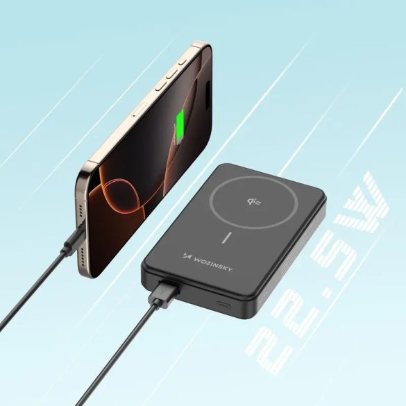Wozinsky WLWP-10KA0Y3S powerbank 1xUSB-A és 1xUSB-C csatlakozással kitámasztóval 10000mAh 22.5W PD Qi2 - fekete