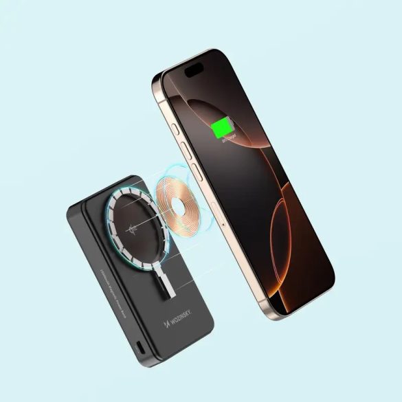 Wozinsky WLWP-10KA0Y3S powerbank 1xUSB-A és 1xUSB-C csatlakozással kitámasztóval 10000mAh 22.5W PD Qi2 - fekete
